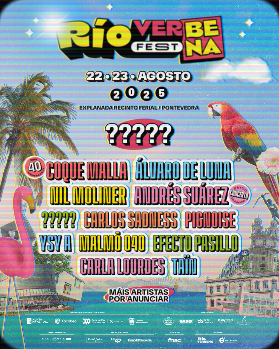 Cartel oficial del Río Verbena Fest 2024 en Pontevedra, con las fechas 22 y 23 de agosto y los primeros artistas confirmados: Coque Malla, Álvaro de Luna, Nil Moliner, Carlos Sadness, Andrés Suárez y más.